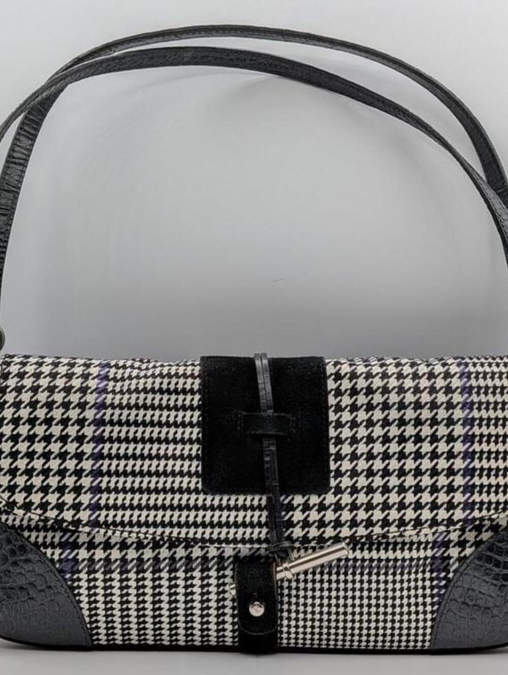Lauren Ralph Lauren $298 Y2K Black White Purple Houndstooth Leather Accent Bag